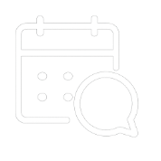 White calendar icon with a speech bubble, symbolizing a scheduled conversation or discovery call.