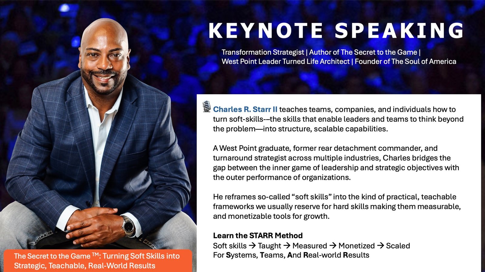 Charles R. Starr II smiling in a blue blazer with a keynote speaking banner describing him as a Transformation Strategist, Author of The Secret to the Game, and West Point Leader turned Life Architect.