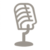 Minimalist taupe microphone icon with a base, designed in a simple line-art style.