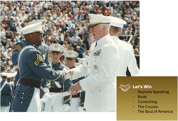 Charles in full dress uniform shaking hands with General Christman during graduation at the United States Military Academy at West Point.