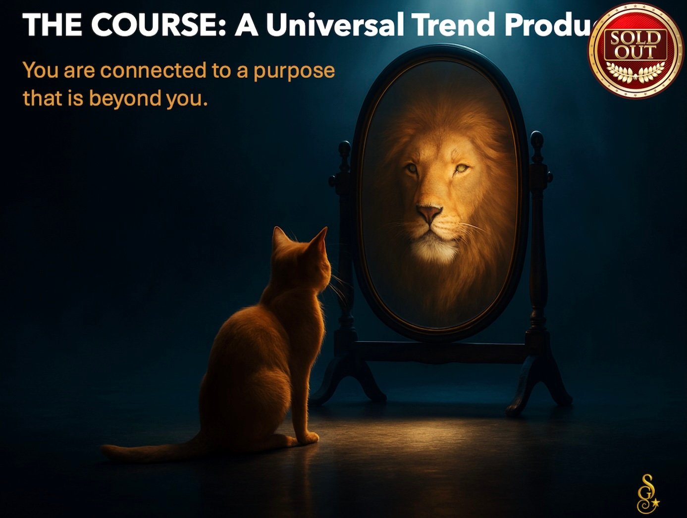 The Course: A Universal Trend Production | Discover Your Highest Self A small tan cat gazes into a mirror reflecting the Lion of Judah under a dramatic blue spotlight, symbolizing The Course which is currently unavailable to the general public.